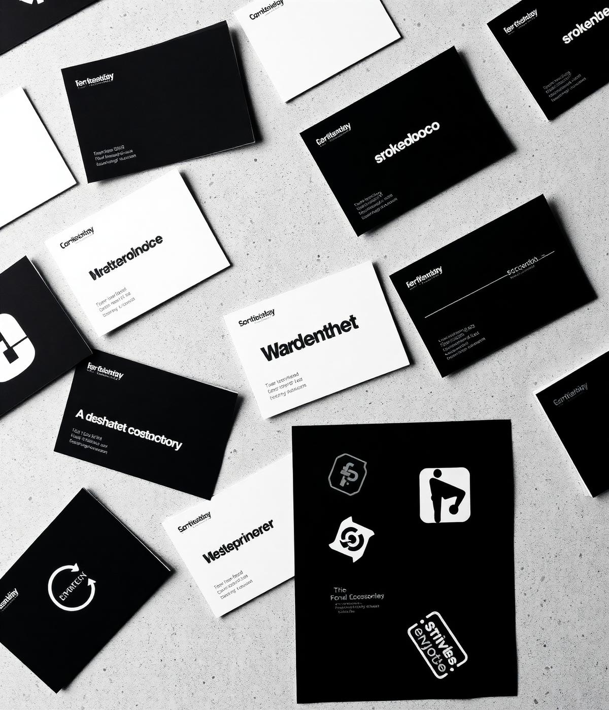 Black and white brand identity flatlay