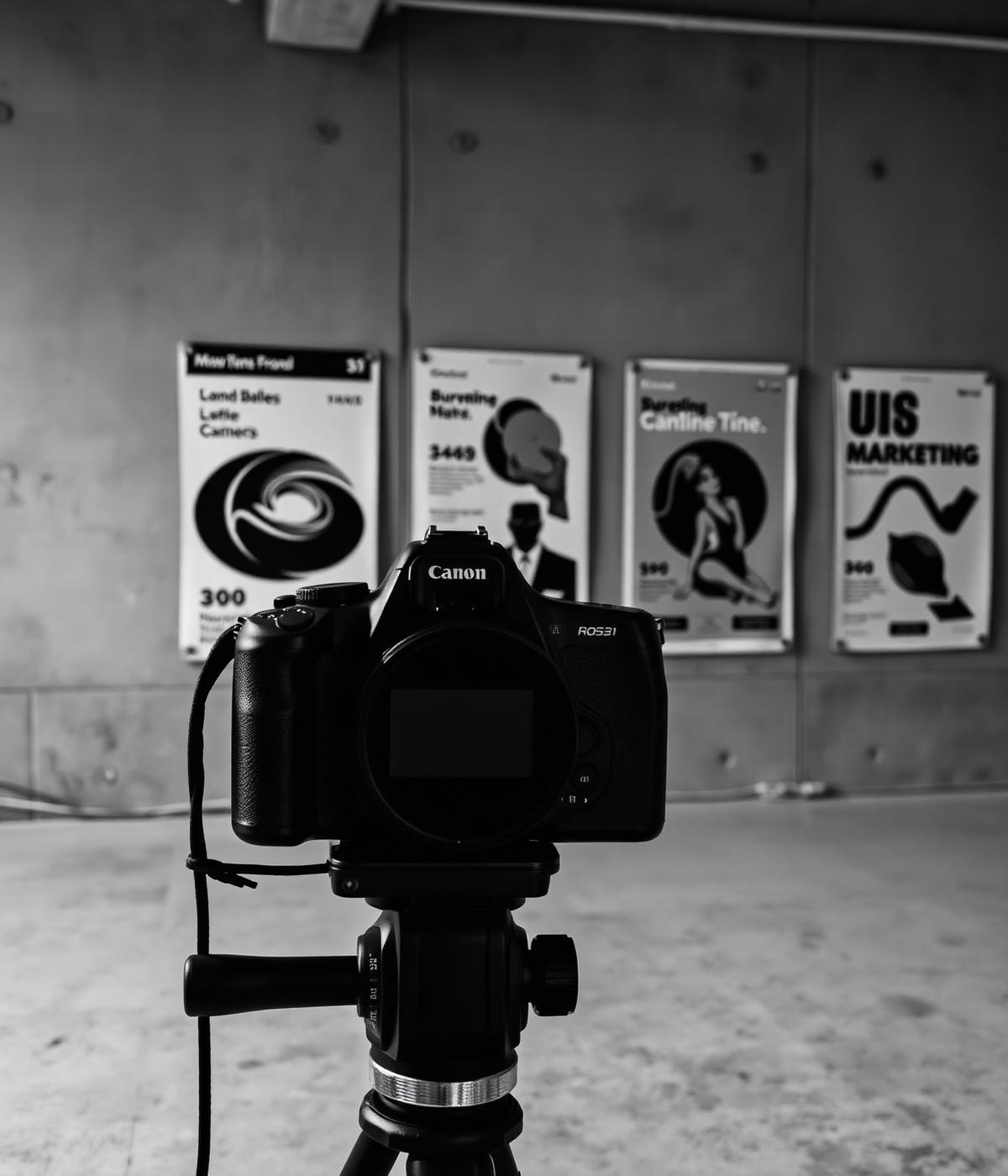Camera and marketing posters in a brutalist studio