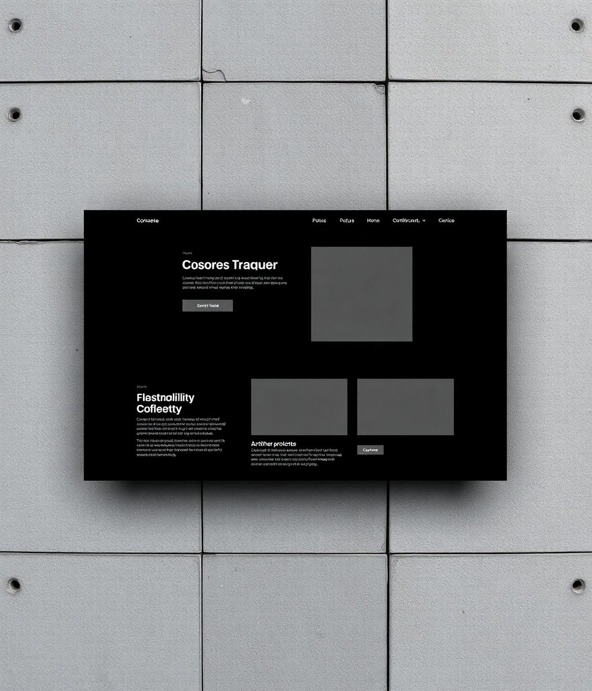 Brutalist website mockup on a concrete wall
